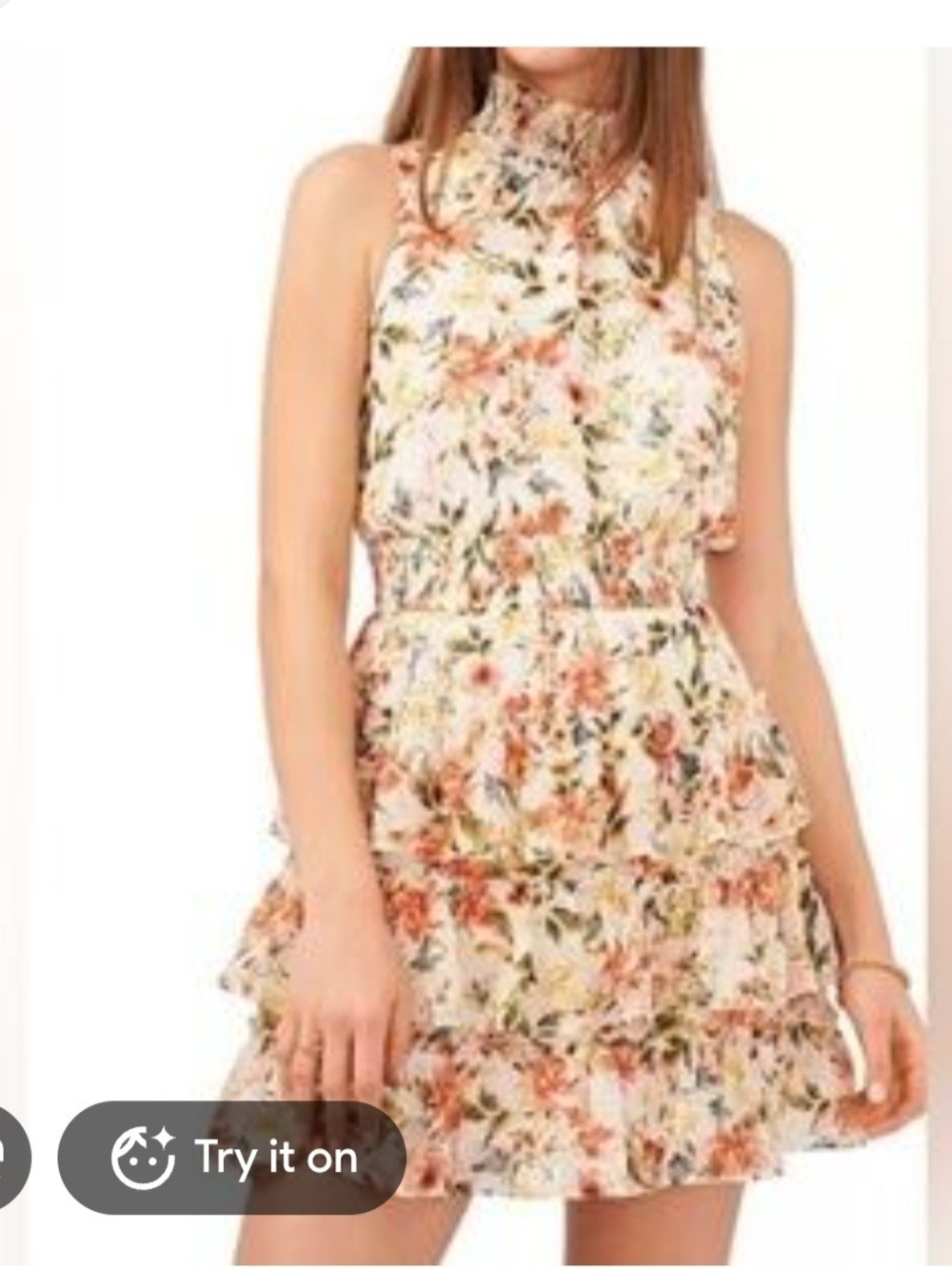 1. State Floral High-Neck Tiered Mini Dress Cream/Peach. Size Large Cottagecore